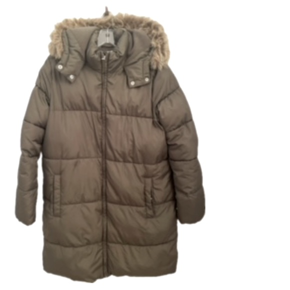 OLD NAVY Large olive green puffer jacket with hood and faux fur trim EUC - Picture 1 of 6